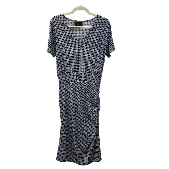 Leota Graphic Print Side Ruched Midi Dress Size Medium - Picture 1 of 6